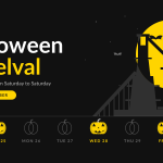 Illustration of the Belval blast furnace against a yellow moon with bats, above eight pumpkins for Saturday 24 to Saturday 31 October, lit on the days with events, and the title Halloween in Belval.