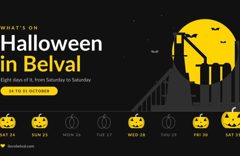 Illustration of the Belval blast furnace against a yellow moon with bats, above eight pumpkins for Saturday 24 to Saturday 31 October, lit on the days with events, and the title Halloween in Belval.