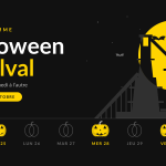 Illustration du haut fourneau de Belval devant une lune jaune et des chauves-souris, au-dessus de huit citrouilles du samedi 24 au samedi 31 octobre, allumées les jours d’événements, avec le titre Halloween à Belval.
