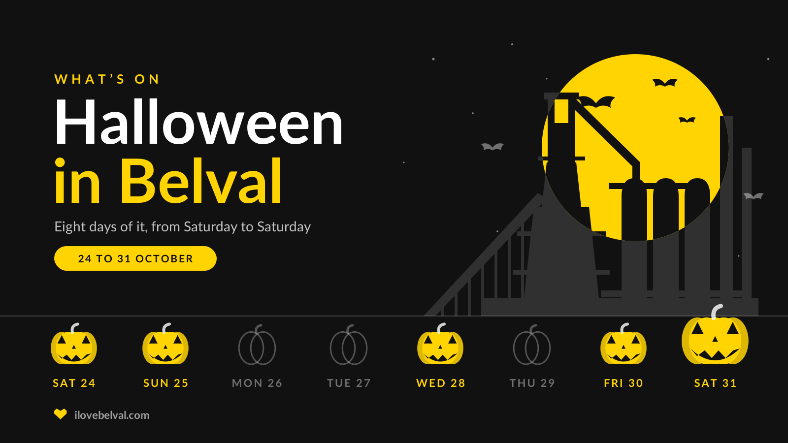 Illustration of the Belval blast furnace against a yellow moon with bats, above eight pumpkins for Saturday 24 to Saturday 31 October, lit on the days with events, and the title Halloween in Belval.