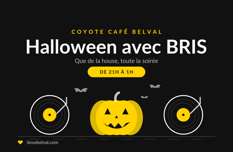 Halloween avec BRIS au Coyote Café Belval : deux platines avec une citrouille sculptée entre elles et des chauves-souris, house de 21h à 1h