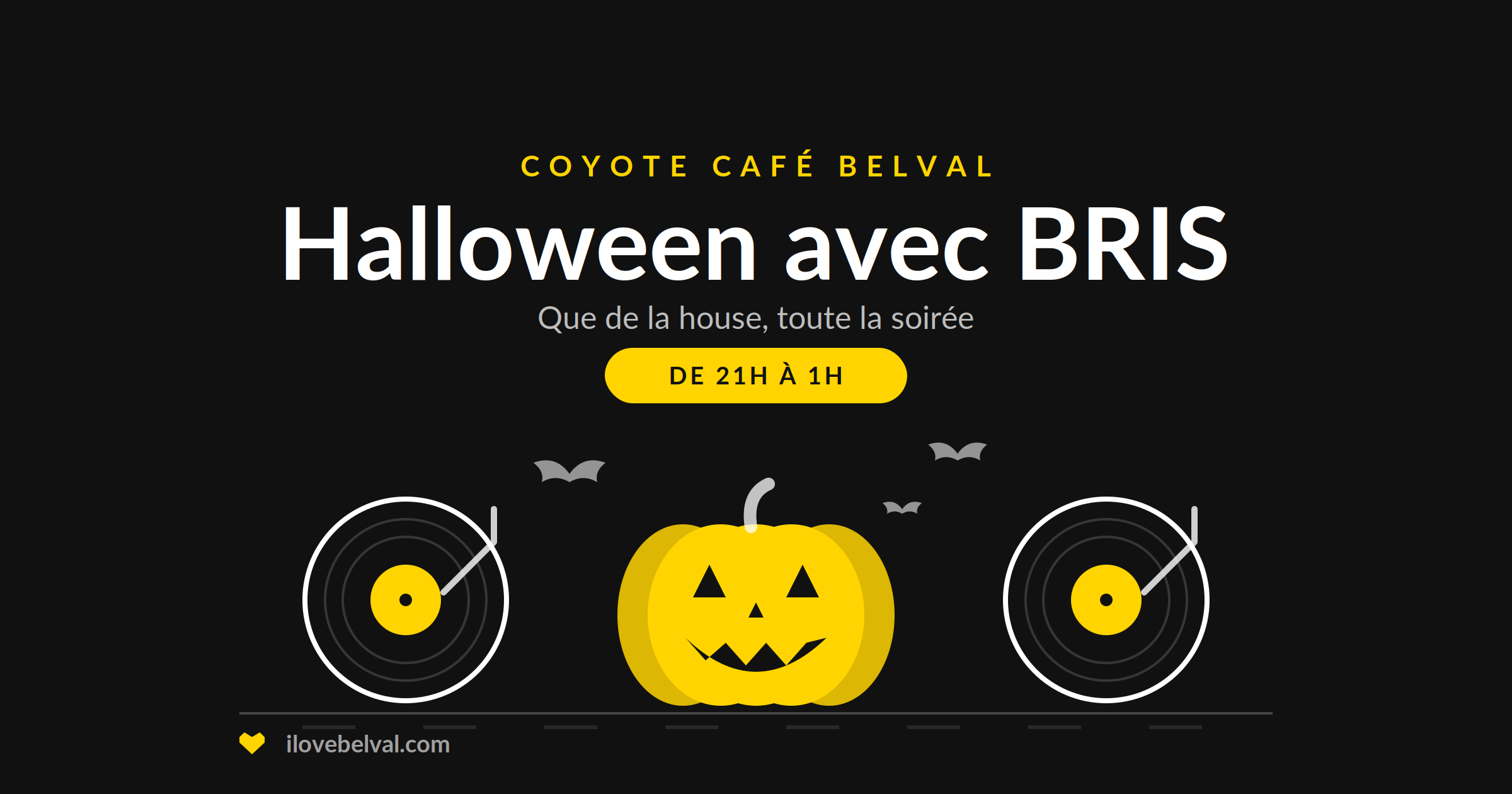 Halloween avec BRIS au Coyote Café Belval : deux platines avec une citrouille sculptée entre elles et des chauves-souris, house de 21h à 1h