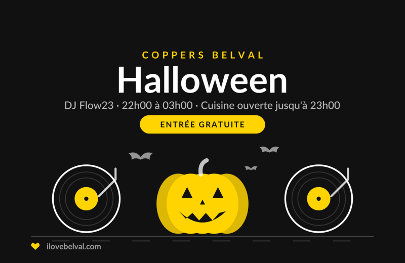 Halloween au Coppers, Belval : une citrouille entre deux platines, avec des chauves-souris