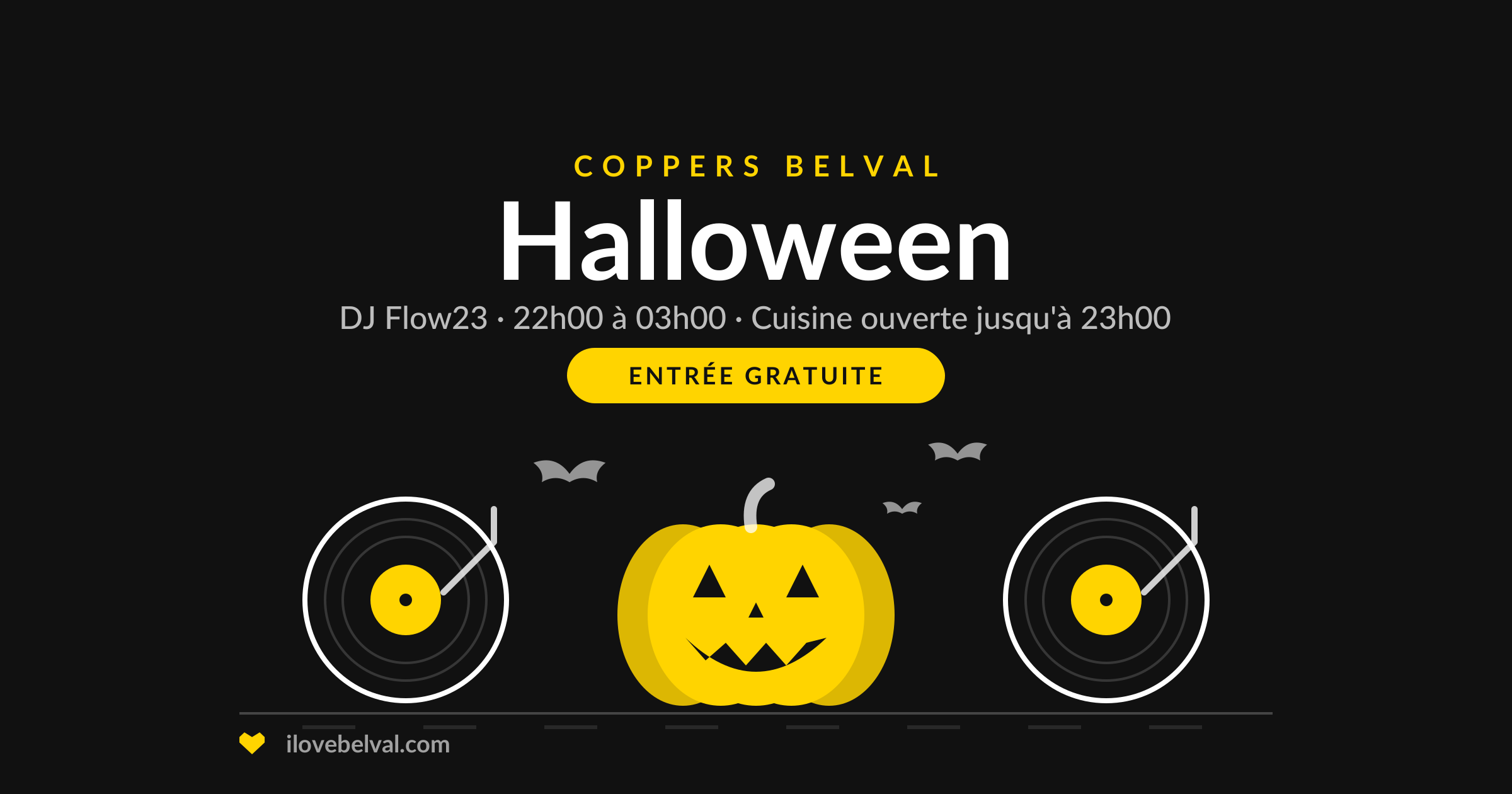 Halloween au Coppers, Belval : une citrouille entre deux platines, avec des chauves-souris