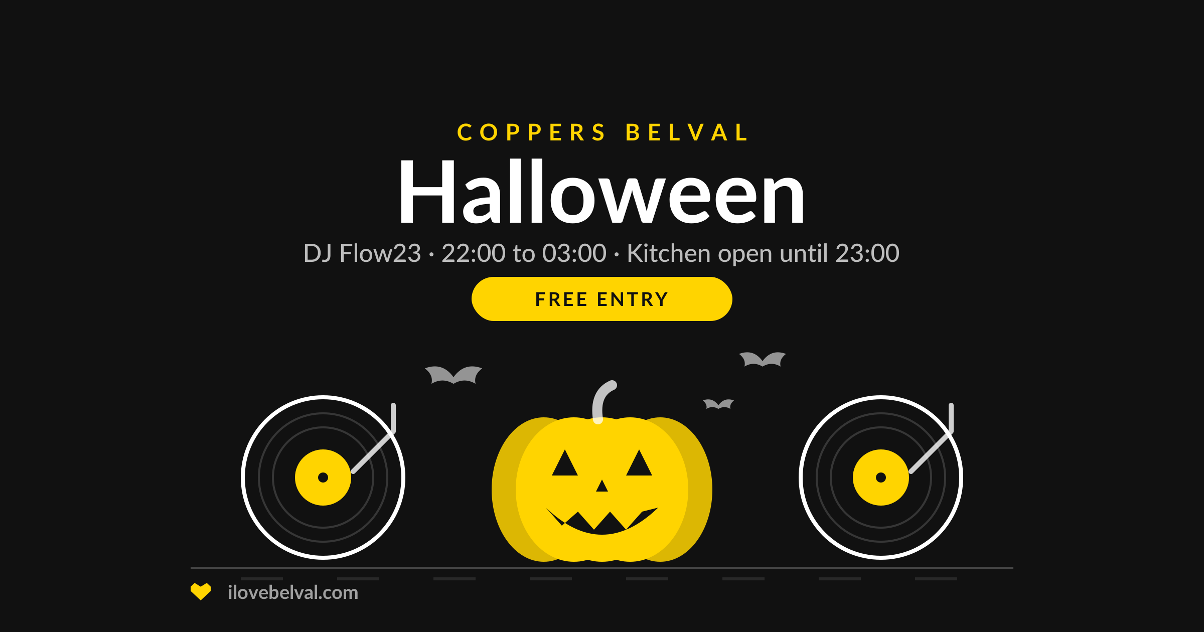 Halloween at Coppers, Belval: a pumpkin between two turntables, with bats