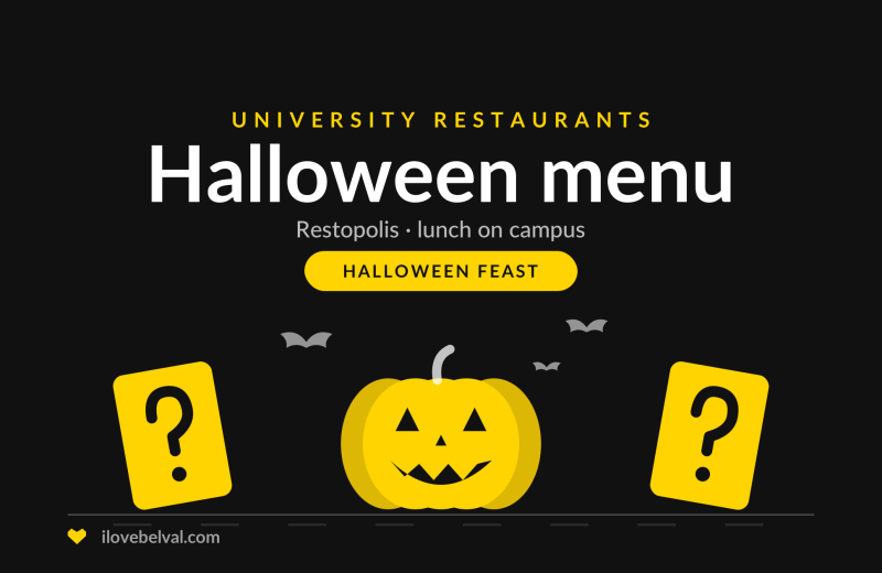 Halloween menu at the university restaurants in Belval, by Restopolis. A pumpkin, bats and two mystery cards.