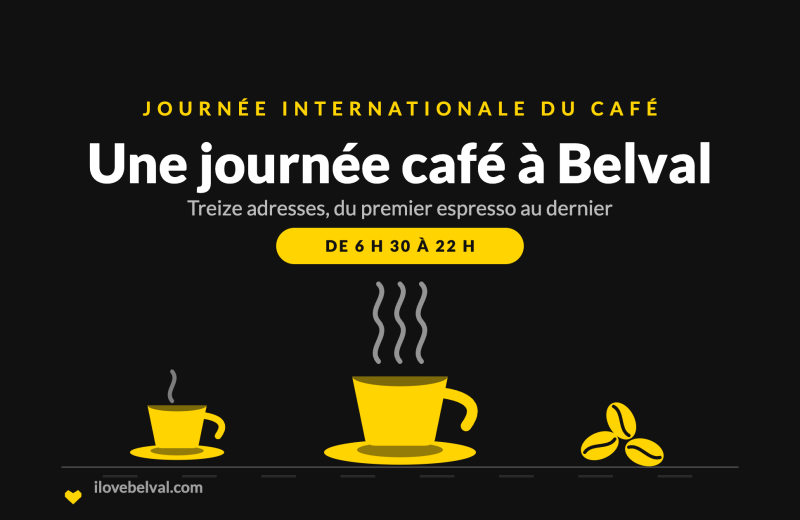 Une journée café à Belval, Journée internationale du café : une tasse fumante, un espresso et des grains de café en jaune I Love Belval, de 6 h 30 à 22 h