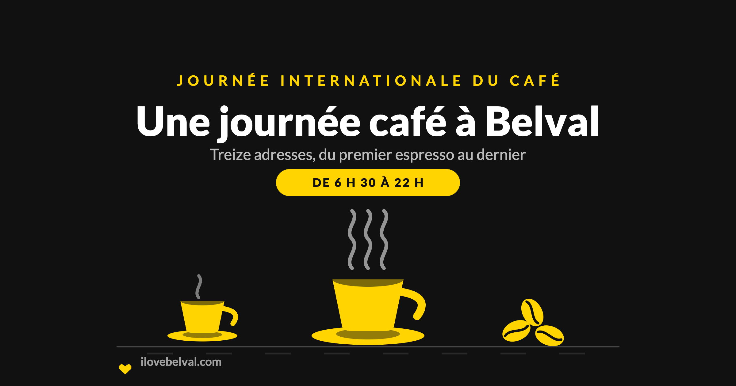 Une journée café à Belval, Journée internationale du café : une tasse fumante, un espresso et des grains de café en jaune I Love Belval, de 6 h 30 à 22 h