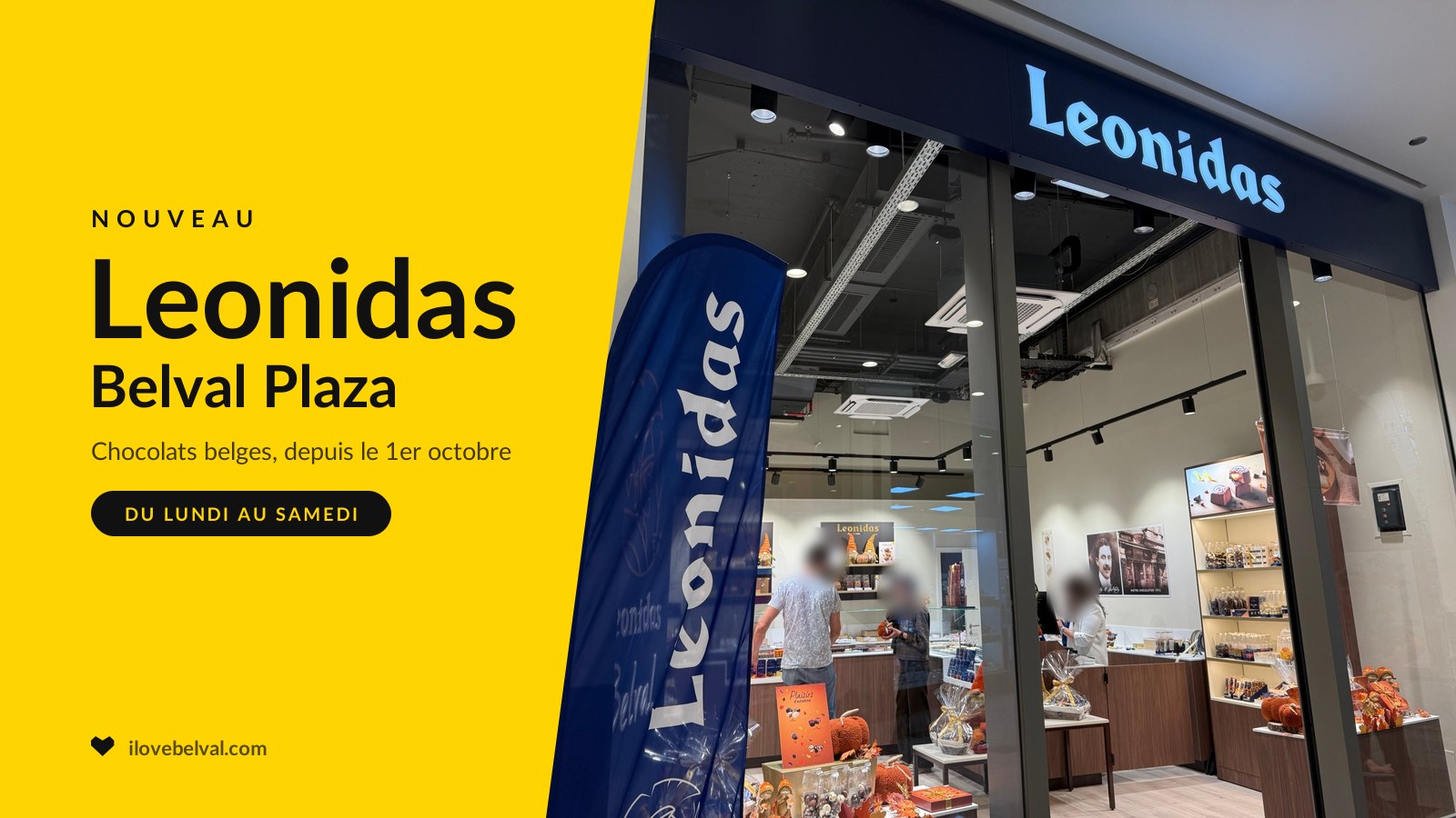 La vitrine de Leonidas au Belval Plaza, son nom éclairé sur une enseigne marine et une vitrine d’automne, à côté d’un panneau jaune I Love Belval : Nouveau, Leonidas, Belval Plaza.