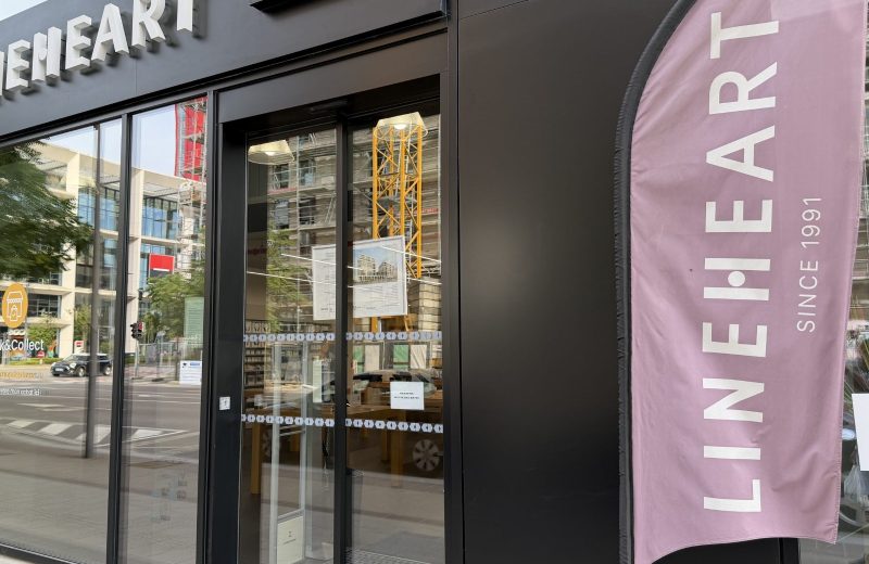 The Lineheart shopfront in Belval, with its pink banner outside
