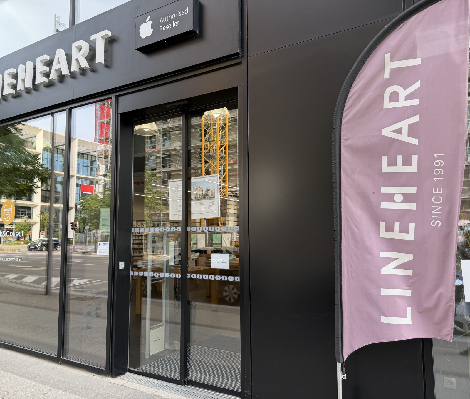 The Lineheart shopfront in Belval, with its pink banner outside