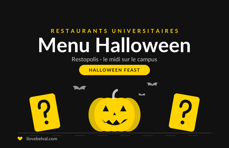 Menu Halloween dans les restaurants universitaires de Belval, par Restopolis. Une citrouille, des chauves-souris et deux cartes mystère.