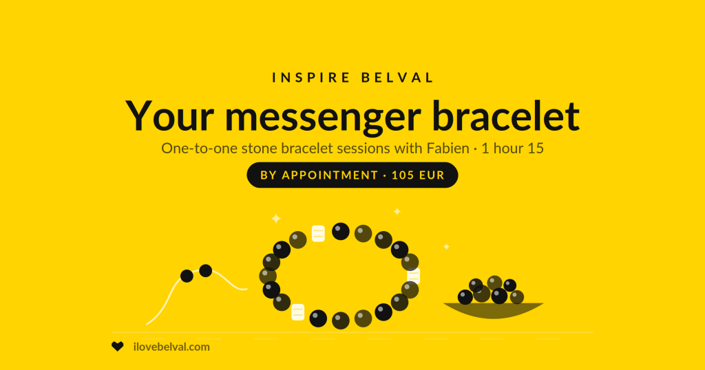 Messenger bracelet sessions with Fabien at INSPIRE Belval: a bracelet of round stones, a dish of loose stones and a cord, by appointment, 105 euros