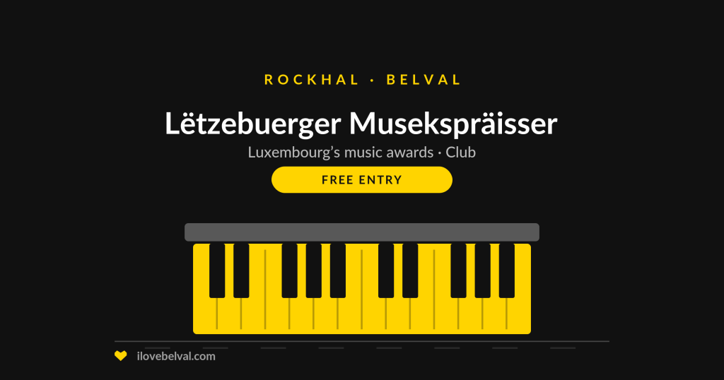 Lëtzebuerger Musekspräisser at Rockhal, Luxembourg’s music awards in the Club, free entry: a keyboard on a dark stage.