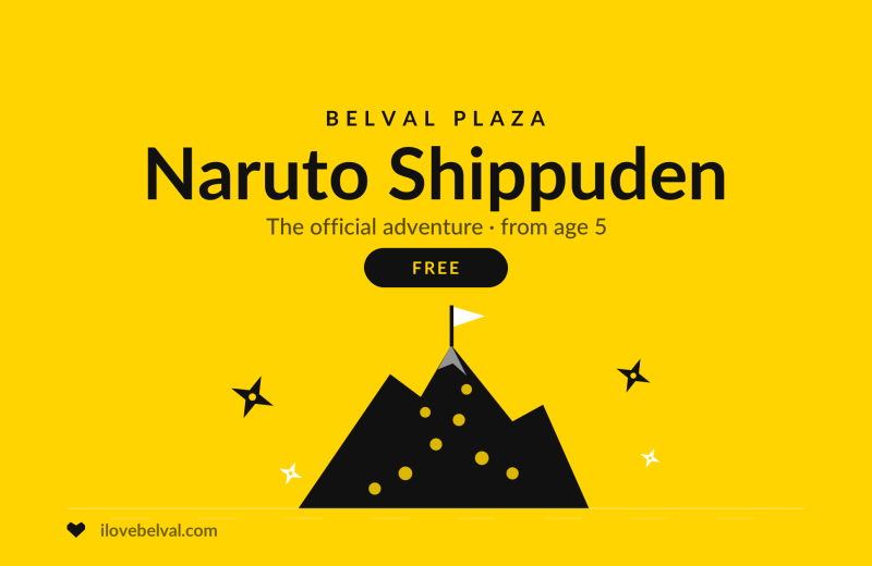 Naruto Shippuden, the official adventure at Belval Plaza, free, from age 5. A climbing mountain with a flag and throwing stars.
