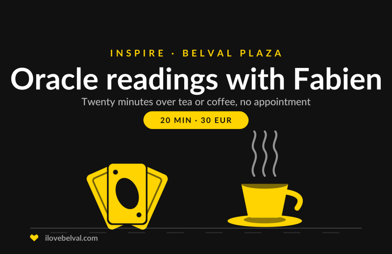 Walk-in oracle readings with Fabien at INSPIRE, Belval Plaza: a fan of cards beside a steaming cup