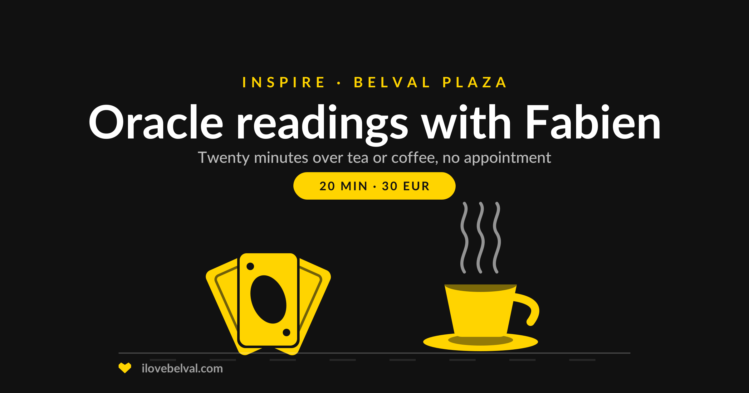 Walk-in oracle readings with Fabien at INSPIRE, Belval Plaza: a fan of cards beside a steaming cup