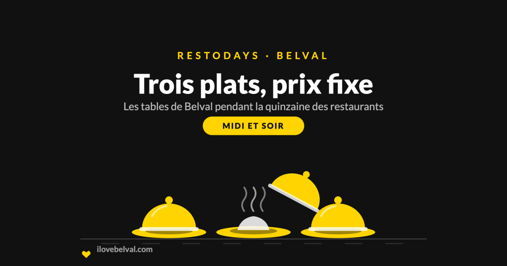 Trois assiettes sous cloche sur fond sombre, l’une découverte et fumante, sous les mots Trois plats, prix fixe : RestoDays à Belval