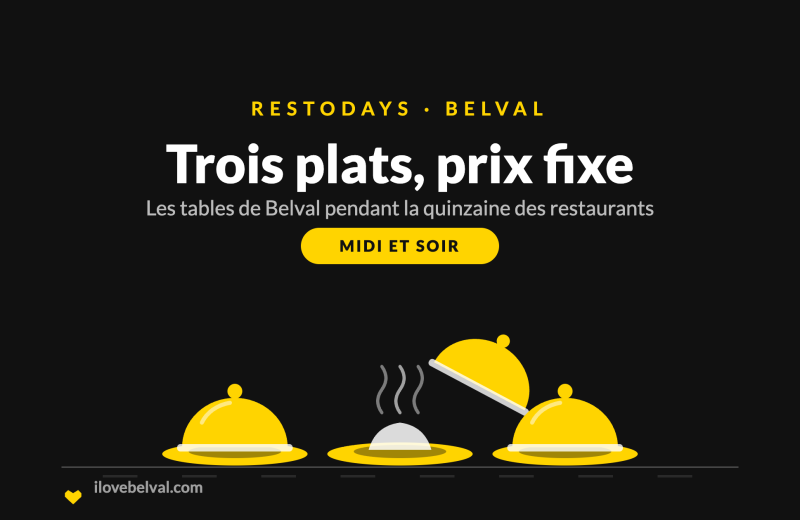 Trois assiettes sous cloche sur fond sombre, l’une découverte et fumante, sous les mots Trois plats, prix fixe : RestoDays à Belval