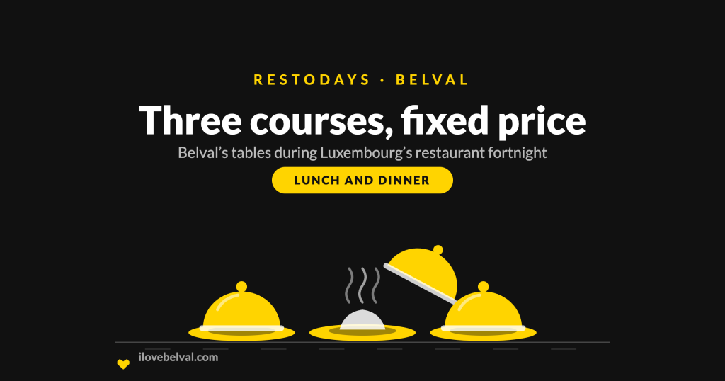 Three covered plates on a dark table, one lifted and steaming, under the words Three courses, fixed price: RestoDays in Belval