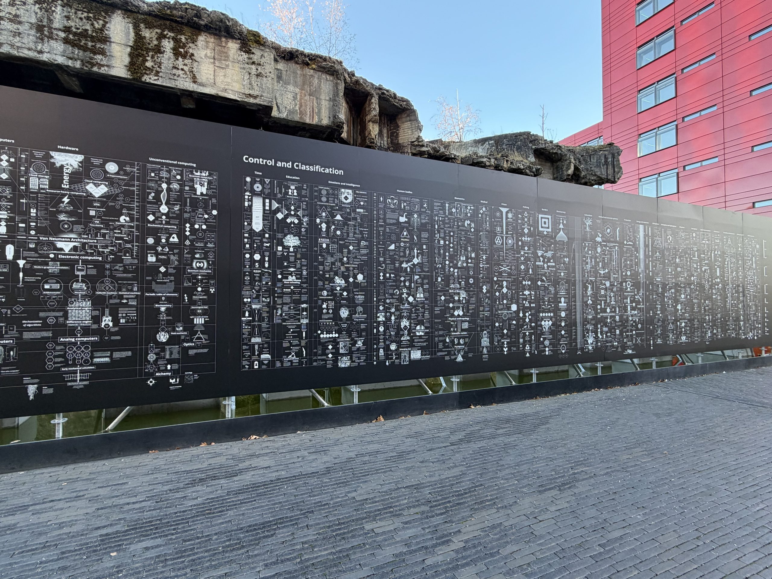 The weathered concrete foundation of Blast Furnace C rising behind the Calculating Empires panels, with a red building to the right, in Belval