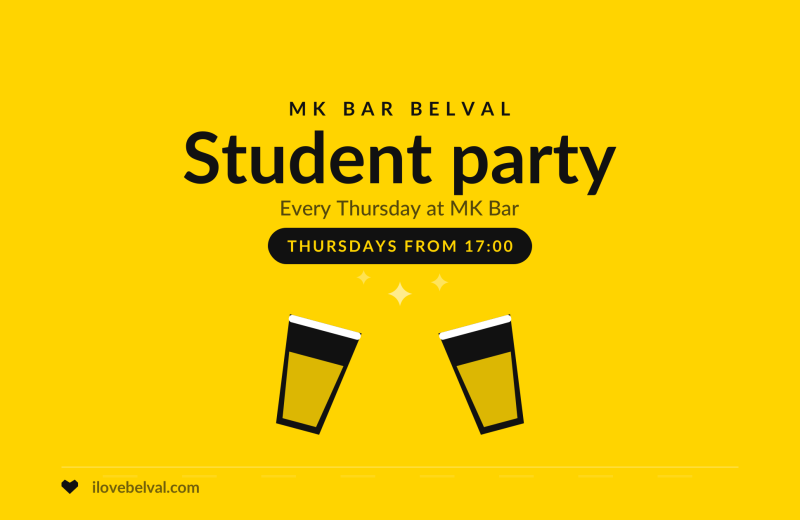 Student party at MK Bar Belval every Thursday: two glasses meeting under small sparkles, from 17:00