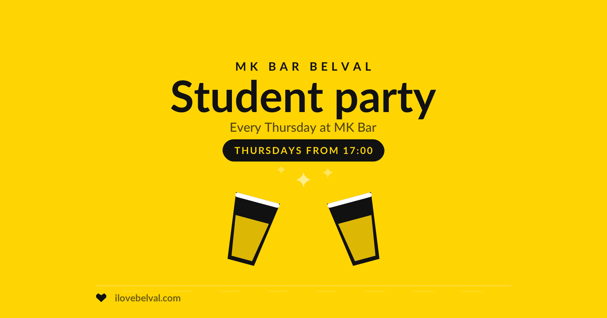 Student party at MK Bar Belval every Thursday: two glasses meeting under small sparkles, from 17:00