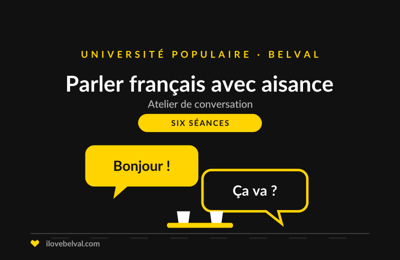 Illustration d'deux bulles de dialogue, Bonjour et Ça va, titrée Parler français avec aisance, Université Populaire Belval
