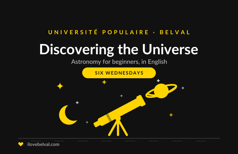 Illustration of a telescope aimed at a ringed planet beside a crescent moon, titled Discovering the Universe, astronomy for beginners in English, Université Populaire Belval