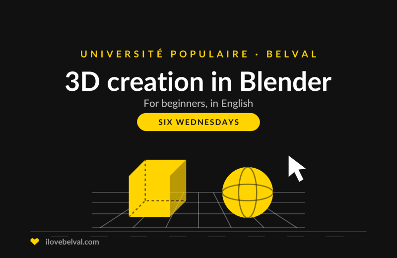 Illustration of a 3D cube and sphere on a grid with a mouse pointer, titled 3D creation in Blender, Université Populaire Belval