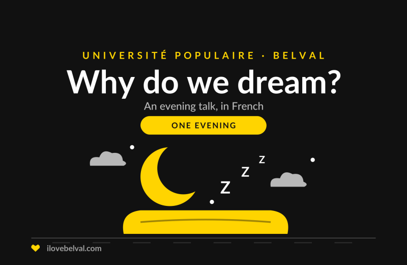 Illustration of a crescent moon over a pillow with floating Zs, titled Why do we dream?, Université Populaire Belval