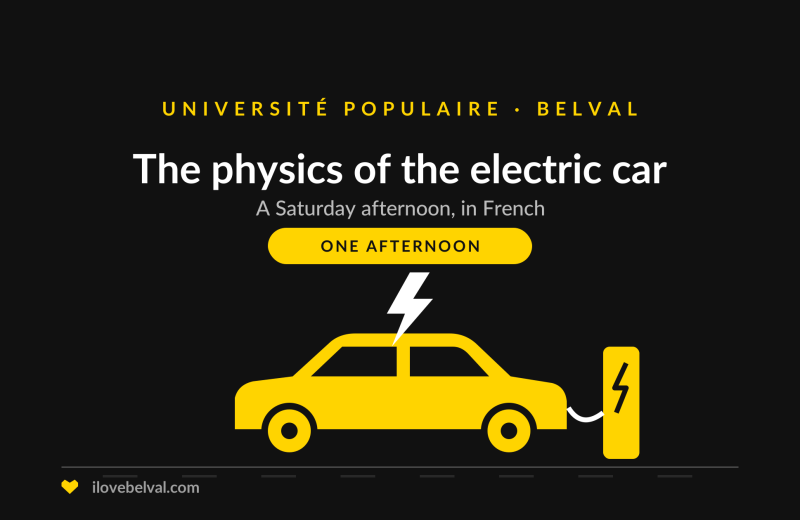 Illustration of an electric car at a charging point, titled The physics of the electric car, Université Populaire Belval