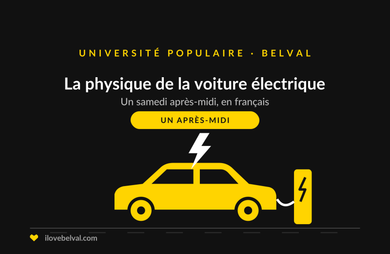 Illustration d'une voiture électrique à une borne de recharge, titrée La physique de la voiture électrique, Université Populaire Belval