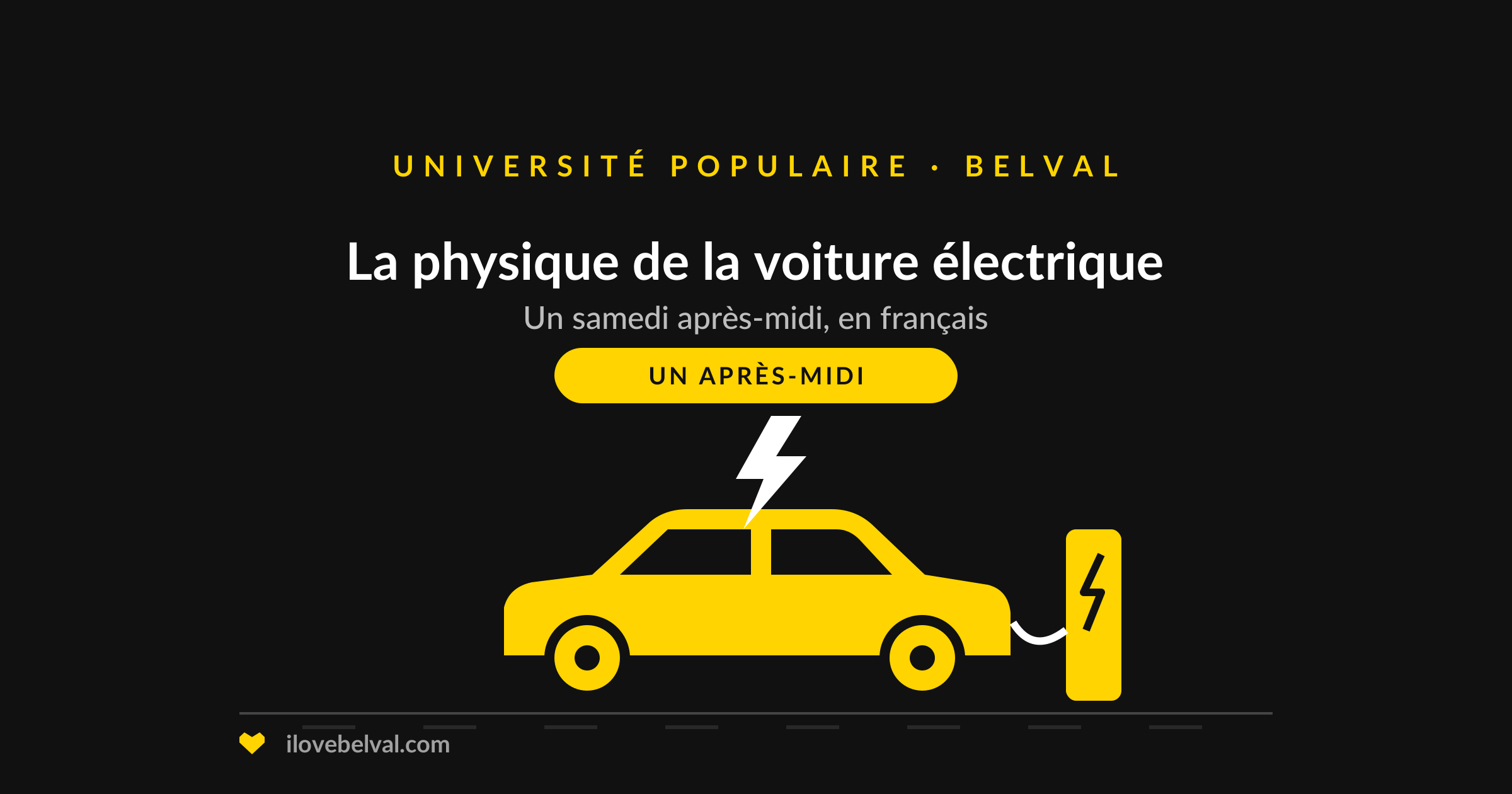 Illustration d'une voiture électrique à une borne de recharge, titrée La physique de la voiture électrique, Université Populaire Belval