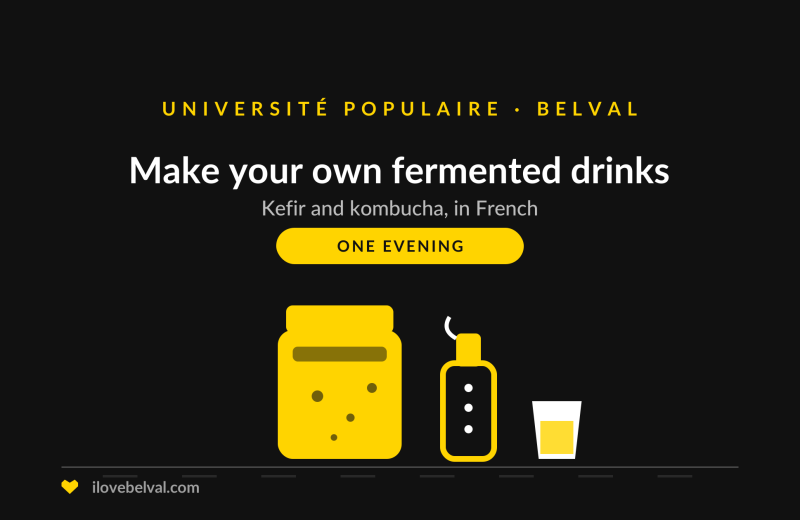 Illustration of a jar of kombucha, a swing-top bottle and a glass, titled Make your own fermented drinks, Université Populaire Belval