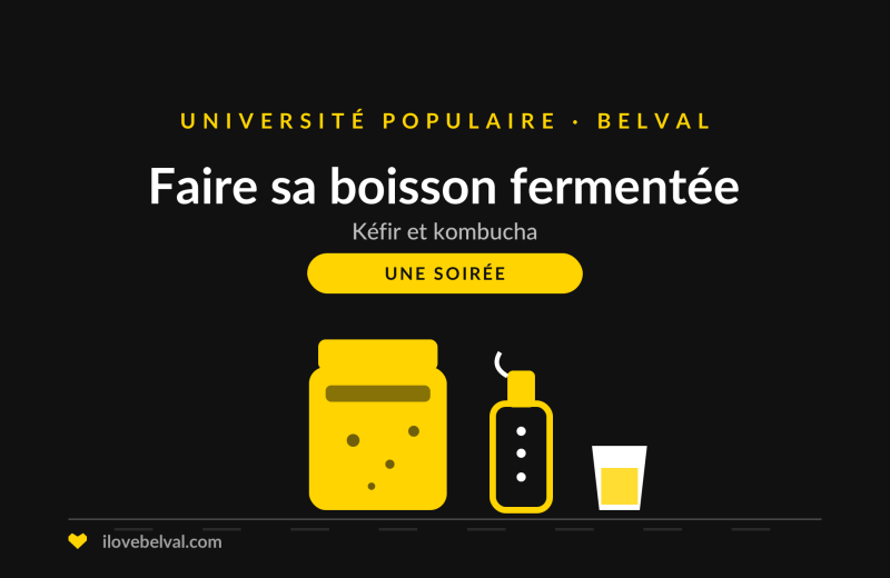 Illustration d'un bocal de kombucha, une bouteille et un verre, titrée Faire sa boisson fermentée, Université Populaire Belval