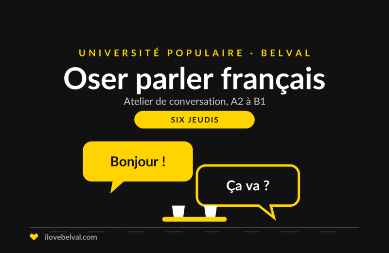 Illustration de deux bulles de dialogue, Bonjour et Ça va, titrée Oser parler français, Université Populaire Belval