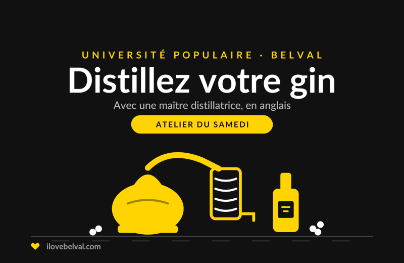 Illustration d'un petit alambic, d'un serpentin et d'une bouteille de gin, titrée Distillez votre gin, Université Populaire Belval