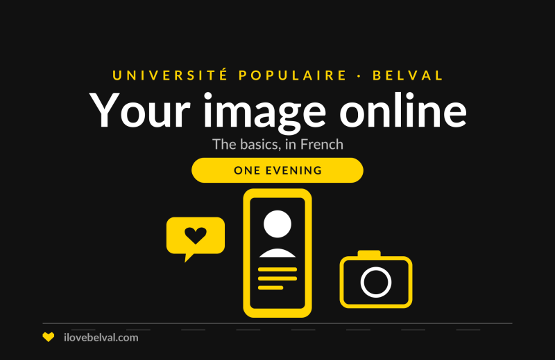 Illustration of a phone showing a profile, a like and a camera, titled Your image online, Université Populaire Belval