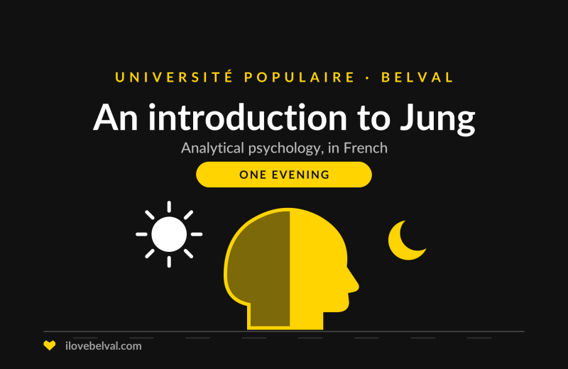 Illustration of a head in profile, half lit and half in shadow, between a sun and a moon, titled An introduction to Jung, Université Populaire Belval