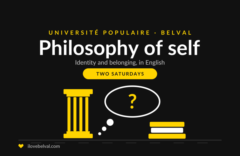 Illustration of a classical column, a thought bubble with a question mark and a stack of books, titled Philosophy of self, Université Populaire Belval