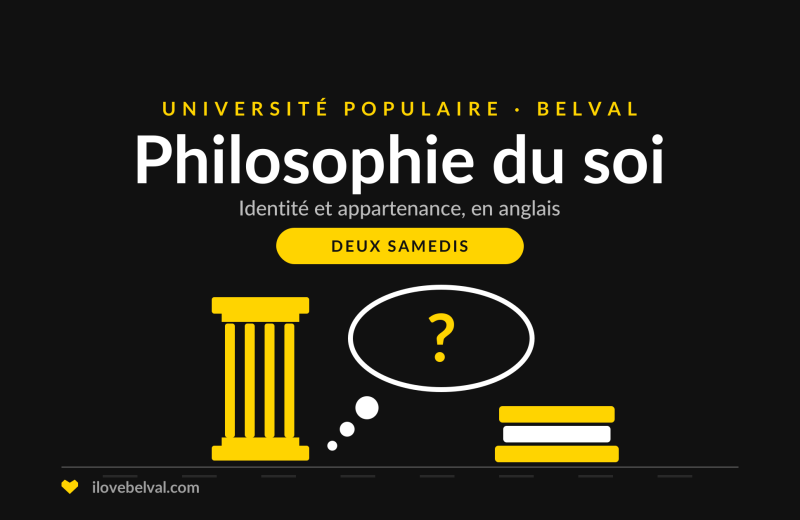 Illustration d'une colonne antique, d'une bulle de pensée avec un point d'interrogation et d'une pile de livres, titrée Philosophie du soi, Université Populaire Belval