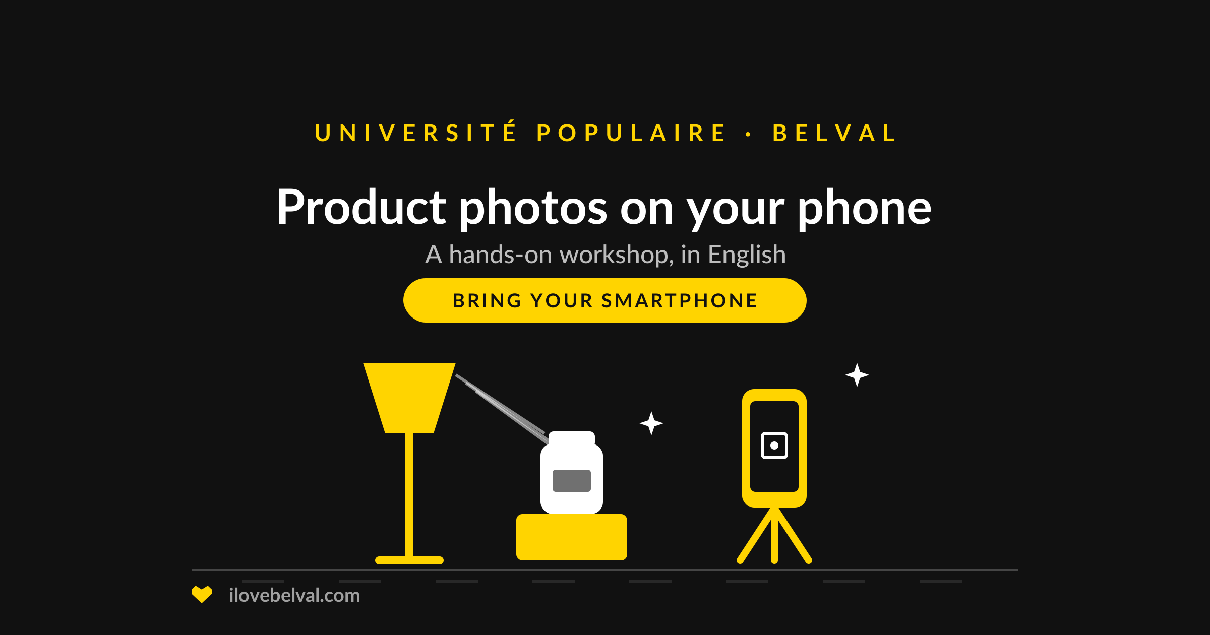 Illustration of a smartphone on a tripod photographing a jar under a softbox lamp, titled Product photos on your phone, Université Populaire Belval
