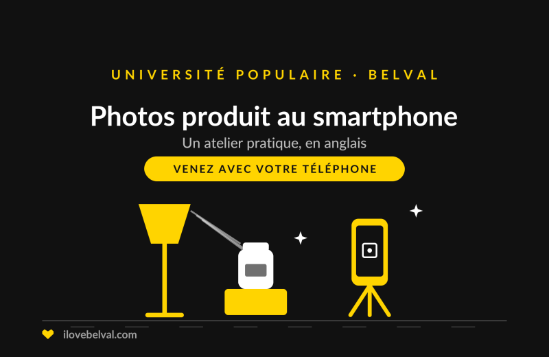 Illustration d'un smartphone sur trépied photographiant un pot sous une boîte à lumière, titrée Photos produit au smartphone, Université Populaire Belval