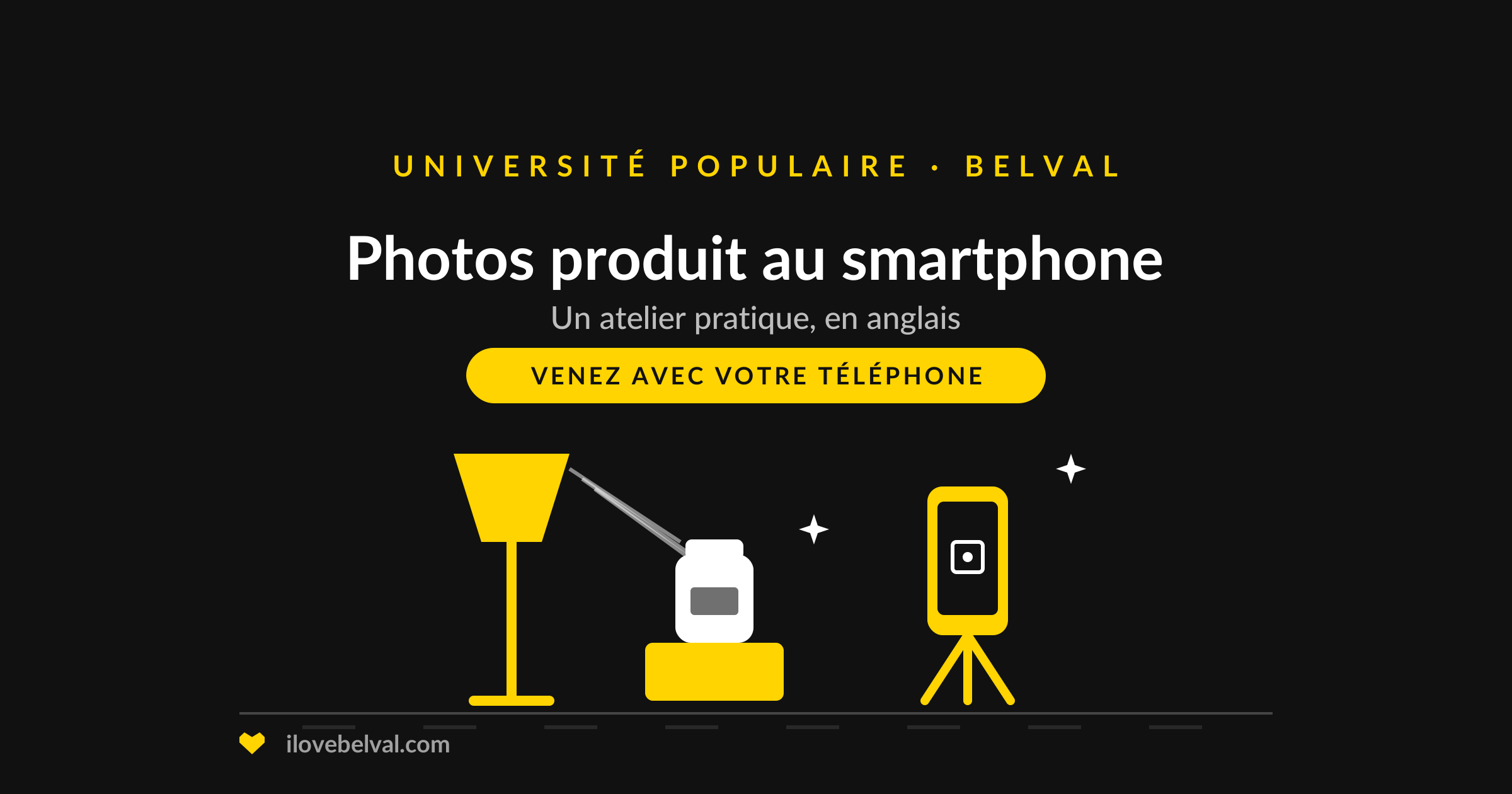 Illustration d'un smartphone sur trépied photographiant un pot sous une boîte à lumière, titrée Photos produit au smartphone, Université Populaire Belval