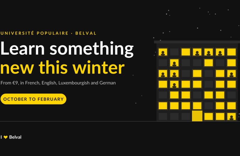 Illustration of the Terres Rouges building in Belval on a snowy winter evening, most of its windows lit yellow with people inside, next to the words "Learn something new this winter", from €9, in French, English, Luxembourgish and German, October to February.