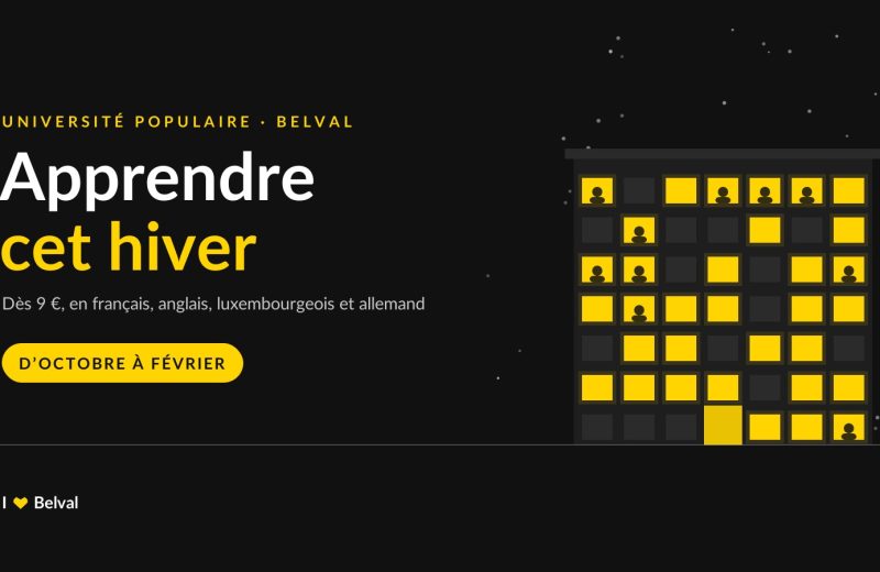 Illustration du bâtiment Terres Rouges à Belval un soir d’hiver sous la neige, la plupart des fenêtres allumées en jaune avec des personnes à l’intérieur, à côté des mots « Apprendre cet hiver », dès 9 €, en français, anglais, luxembourgeois et allemand, d’octobre à février.
