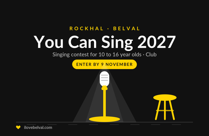 You Can Sing 2027 at Rockhal, singing contest for 10 to 16 year olds, enter by 9 November: a microphone in a spotlight beside a stool.