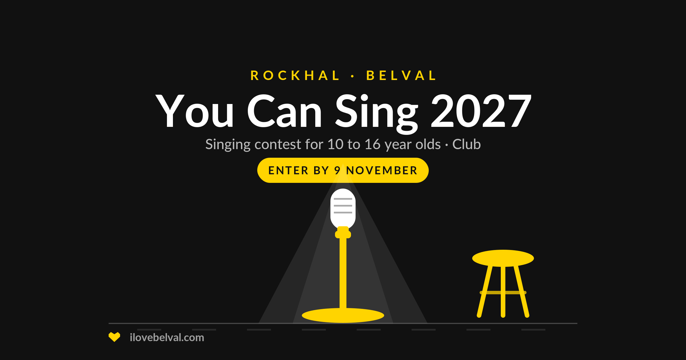You Can Sing 2027 at Rockhal, singing contest for 10 to 16 year olds, enter by 9 November: a microphone in a spotlight beside a stool.